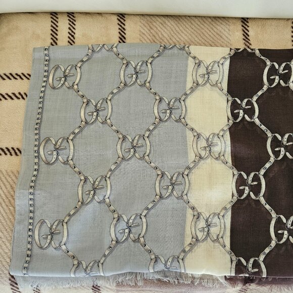 Gucci GG Logo Belt Print Blue & Brown Rectangle Fringe Wool/Silk Pashmina Scarf - Picture 1 of 7